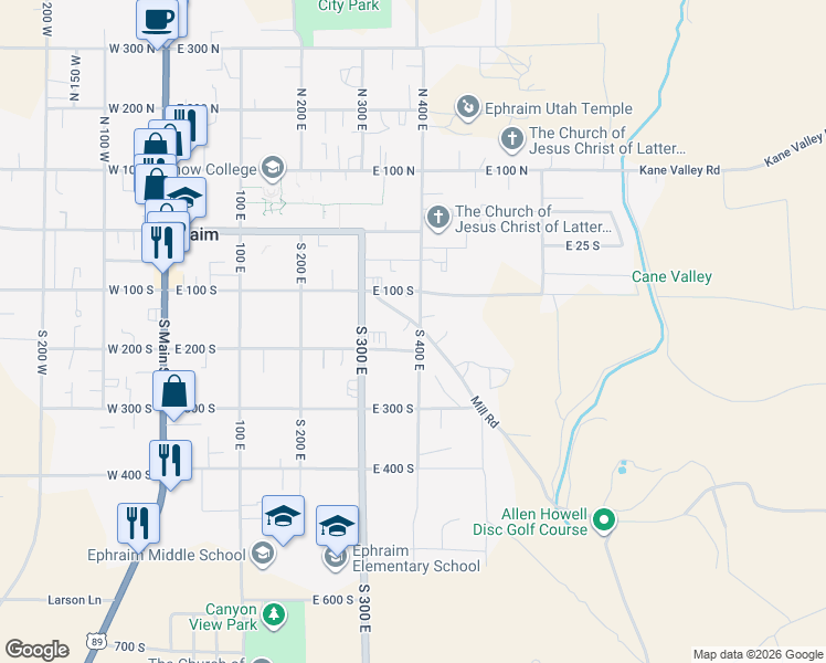 map of restaurants, bars, coffee shops, grocery stores, and more near 158 South 400 East in Ephraim