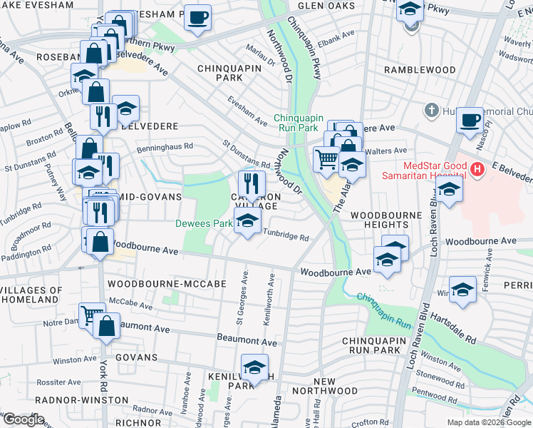 map of restaurants, bars, coffee shops, grocery stores, and more near 1018 Cameron Road in Baltimore