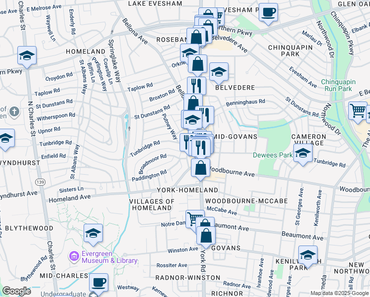 map of restaurants, bars, coffee shops, grocery stores, and more near 349 Tunbridge Road in Baltimore