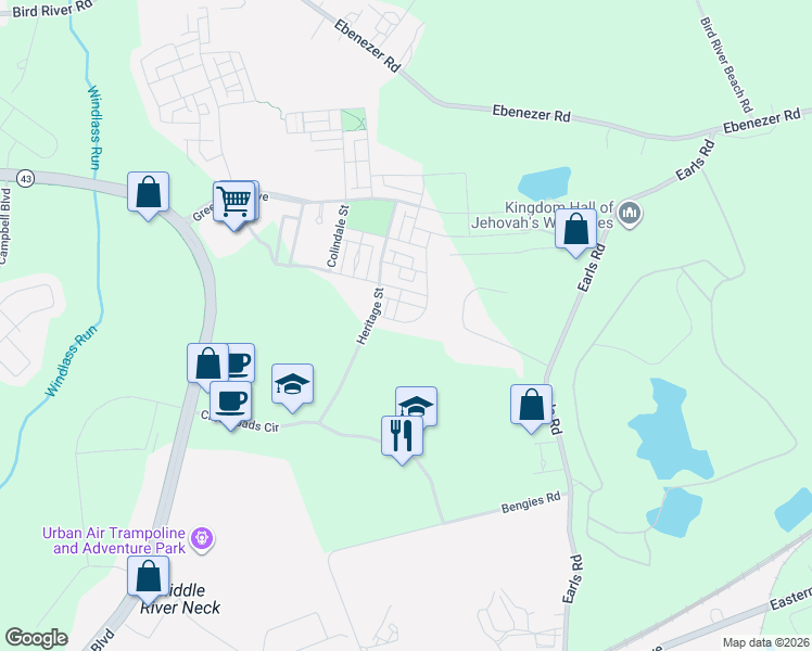 map of restaurants, bars, coffee shops, grocery stores, and more near 6427 Totteridge Street in Middle River