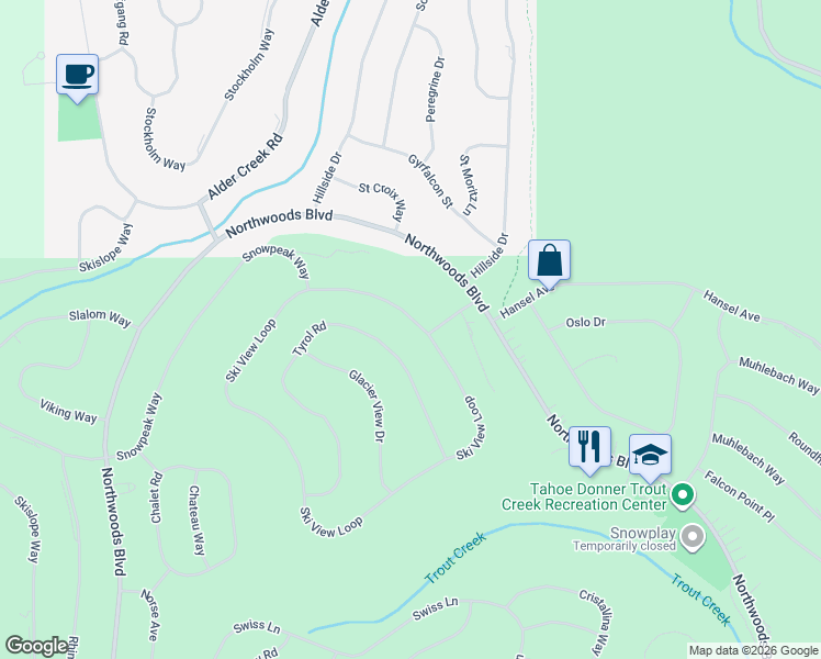 map of restaurants, bars, coffee shops, grocery stores, and more near 13970 Ski View Loop in Truckee