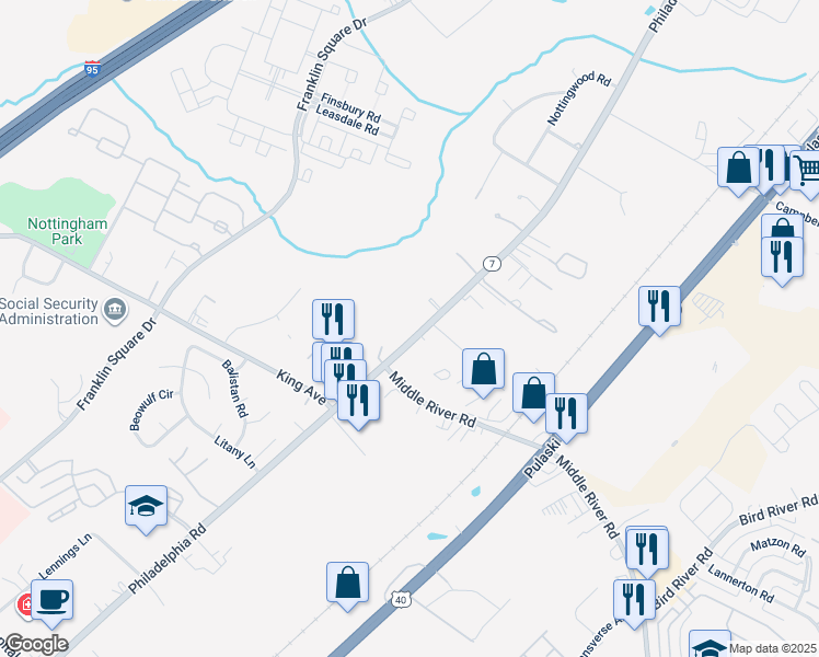 map of restaurants, bars, coffee shops, grocery stores, and more near 9641 Baron Place in Rosedale