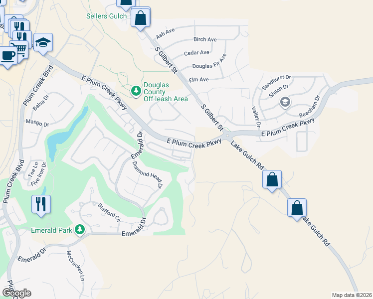 map of restaurants, bars, coffee shops, grocery stores, and more near 1575 Olympia Circle in Castle Rock