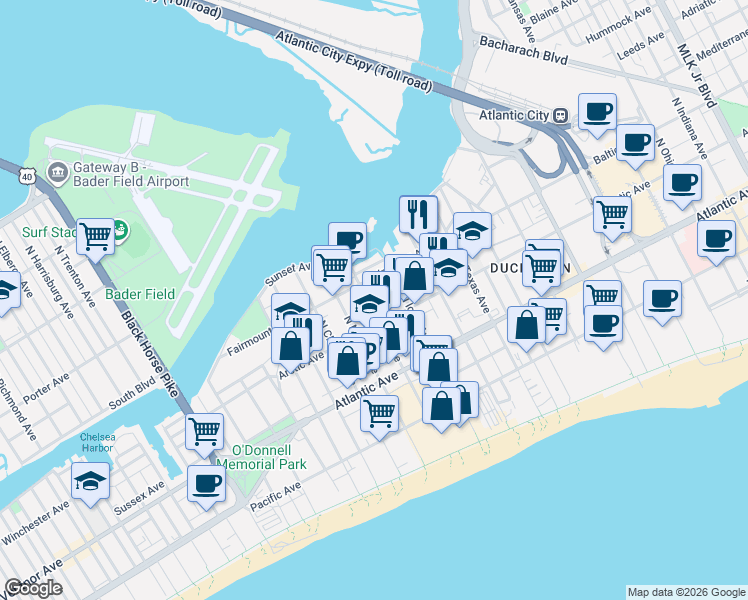 map of restaurants, bars, coffee shops, grocery stores, and more near 2819 Denny Street in Atlantic City