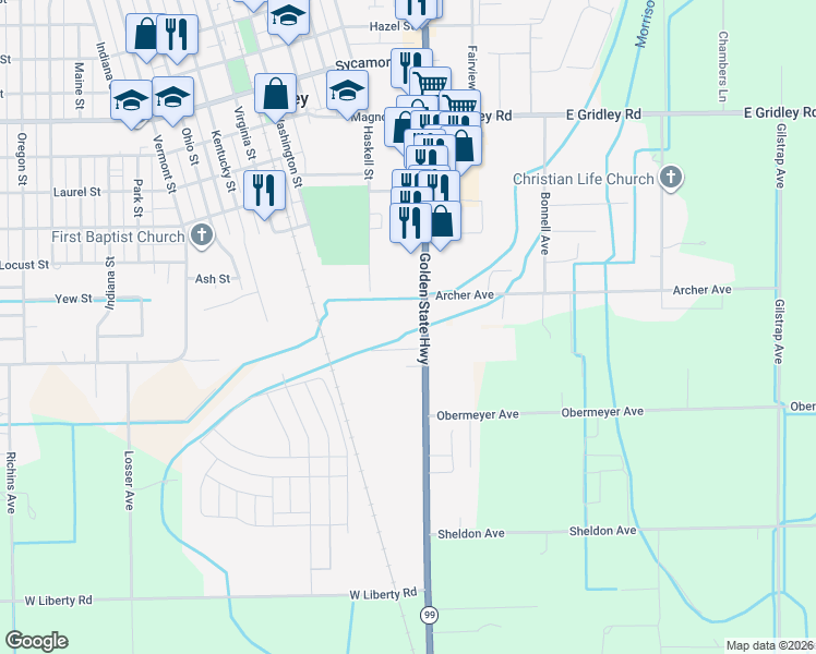 map of restaurants, bars, coffee shops, grocery stores, and more near 1425 California 99 in Gridley