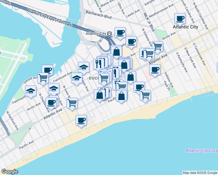 map of restaurants, bars, coffee shops, grocery stores, and more near 2338 Atlantic Avenue in Atlantic City