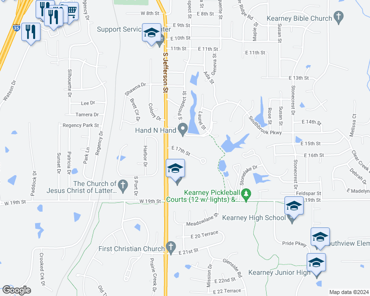 map of restaurants, bars, coffee shops, grocery stores, and more near 210 East 17th Street in Kearney