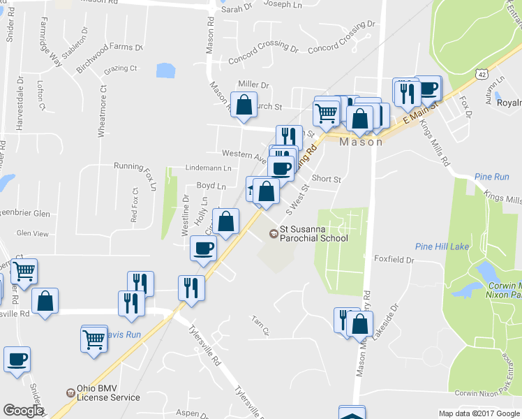 map of restaurants, bars, coffee shops, grocery stores, and more near 499 Reading Road in Mason
