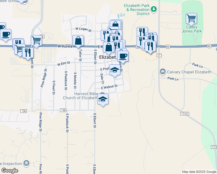 map of restaurants, bars, coffee shops, grocery stores, and more near South Pine Street in Elizabeth