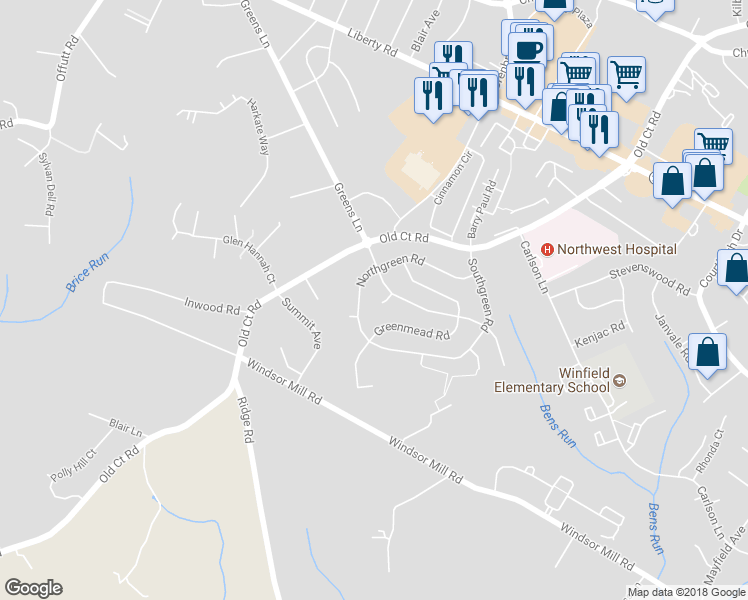 map of restaurants, bars, coffee shops, grocery stores, and more near 5602 Green Court in Milford Mill