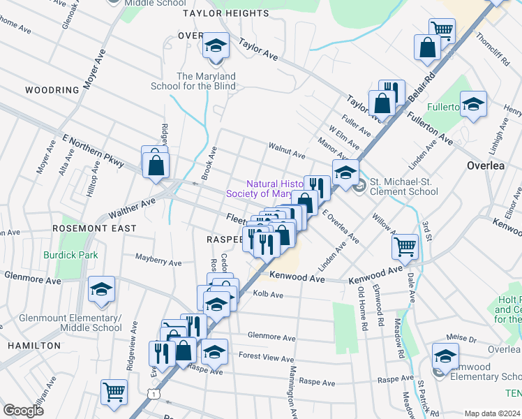 map of restaurants, bars, coffee shops, grocery stores, and more near 4009 East Northern Parkway in Baltimore