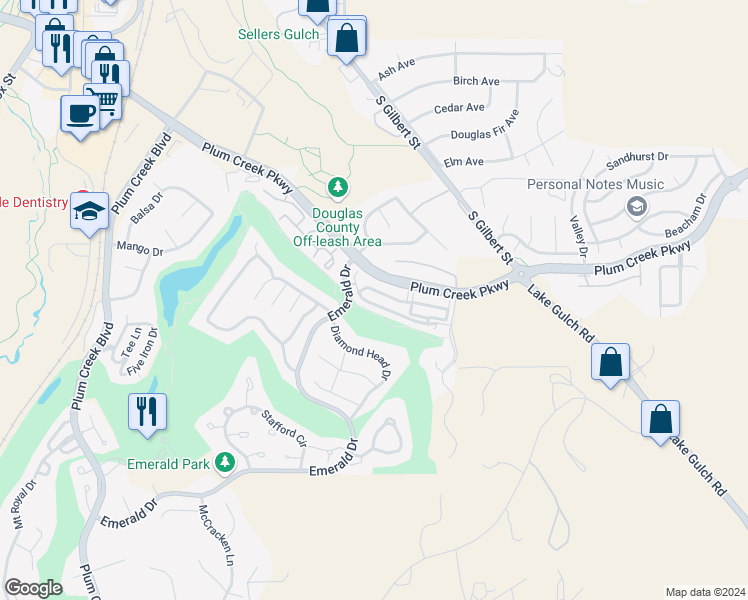 map of restaurants, bars, coffee shops, grocery stores, and more near 1381 Royal Troon Drive in Castle Rock