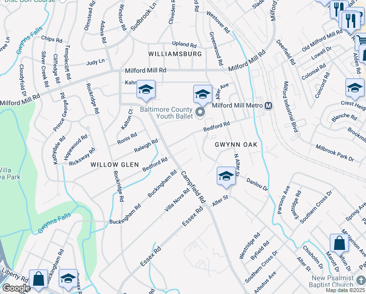 map of restaurants, bars, coffee shops, grocery stores, and more near 4208 Bedford Road in Pikesville