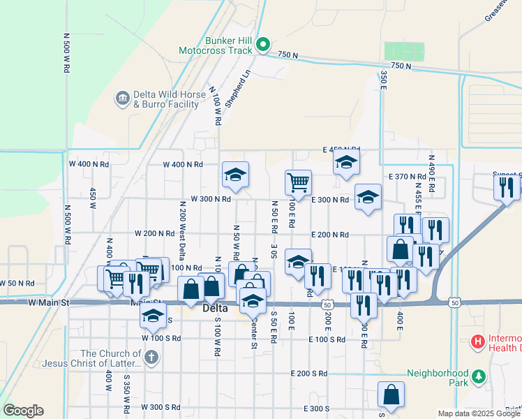 map of restaurants, bars, coffee shops, grocery stores, and more near 284 North Center Street in Delta