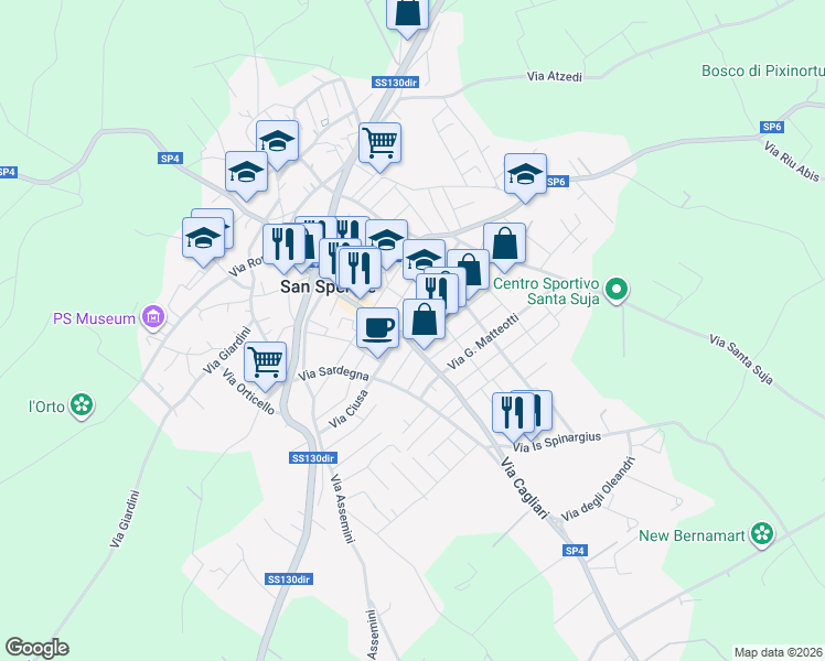 map of restaurants, bars, coffee shops, grocery stores, and more near 3 Via Sicilia in San Sperate