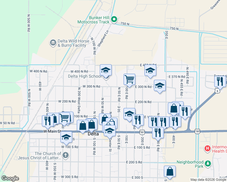 map of restaurants, bars, coffee shops, grocery stores, and more near 284 North Center Street in Delta