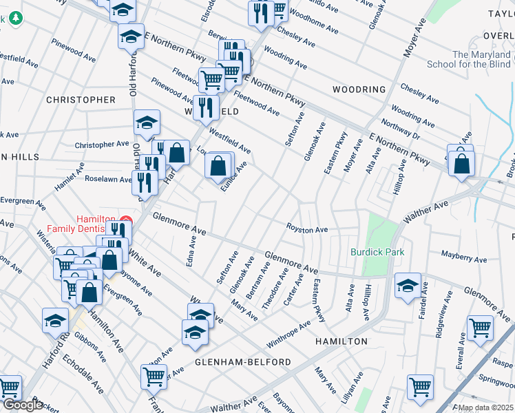 map of restaurants, bars, coffee shops, grocery stores, and more near 6104 Sefton Avenue in Baltimore