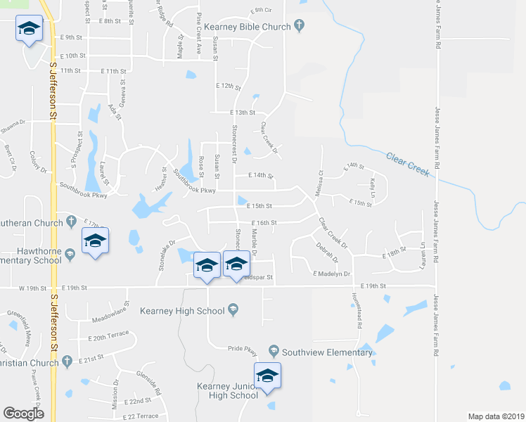 map of restaurants, bars, coffee shops, grocery stores, and more near 801 East 15th Street in Kearney