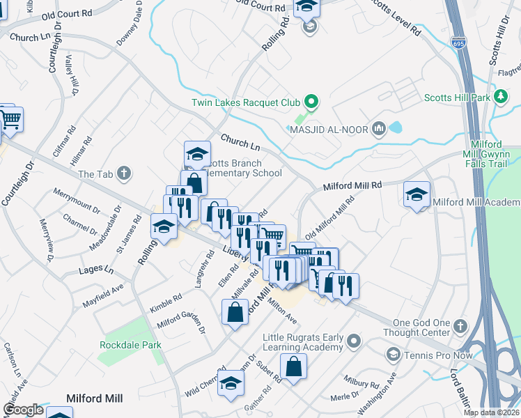 map of restaurants, bars, coffee shops, grocery stores, and more near 3628 Eitemiller Road in Milford Mill