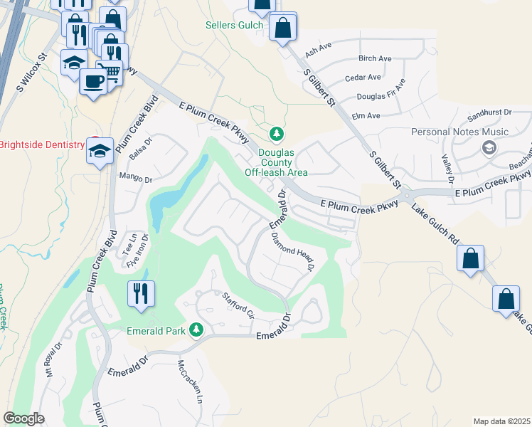 map of restaurants, bars, coffee shops, grocery stores, and more near 1165 Foursome Drive in Castle Rock