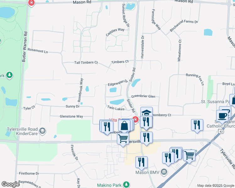 map of restaurants, bars, coffee shops, grocery stores, and more near 6276 Lake Front in Mason