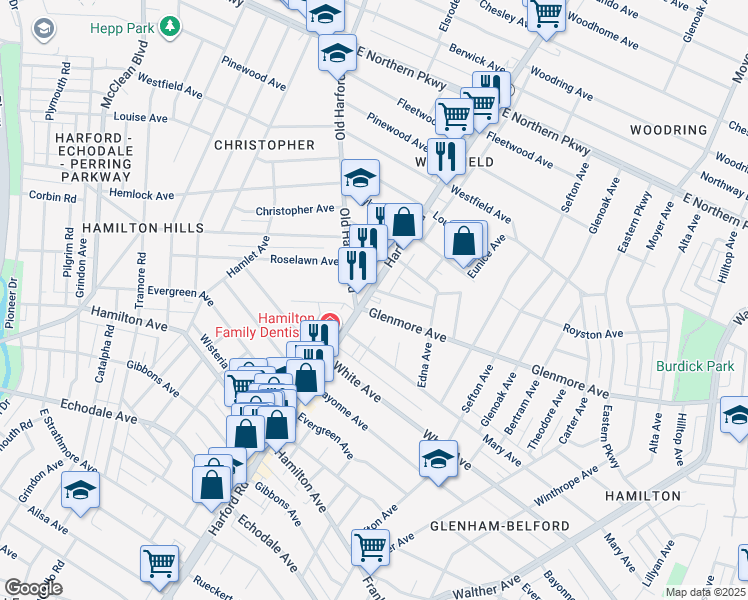 map of restaurants, bars, coffee shops, grocery stores, and more near 6005 Harford Road in Baltimore