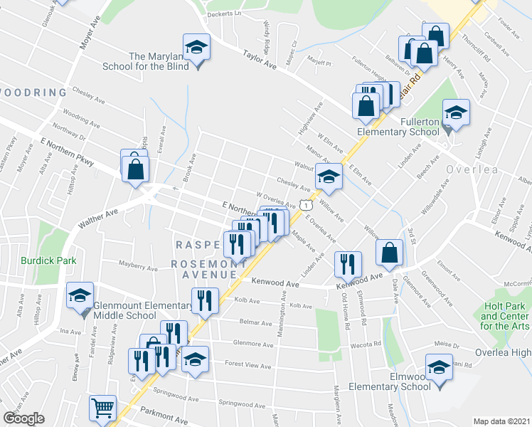 map of restaurants, bars, coffee shops, grocery stores, and more near 4106 East Northern Parkway in Baltimore