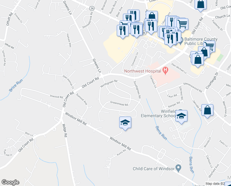 map of restaurants, bars, coffee shops, grocery stores, and more near 8514 Greens Ln in Milford Mill