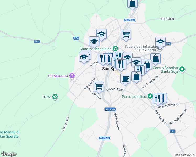 map of restaurants, bars, coffee shops, grocery stores, and more near 15 Via Decimo in San Sperate