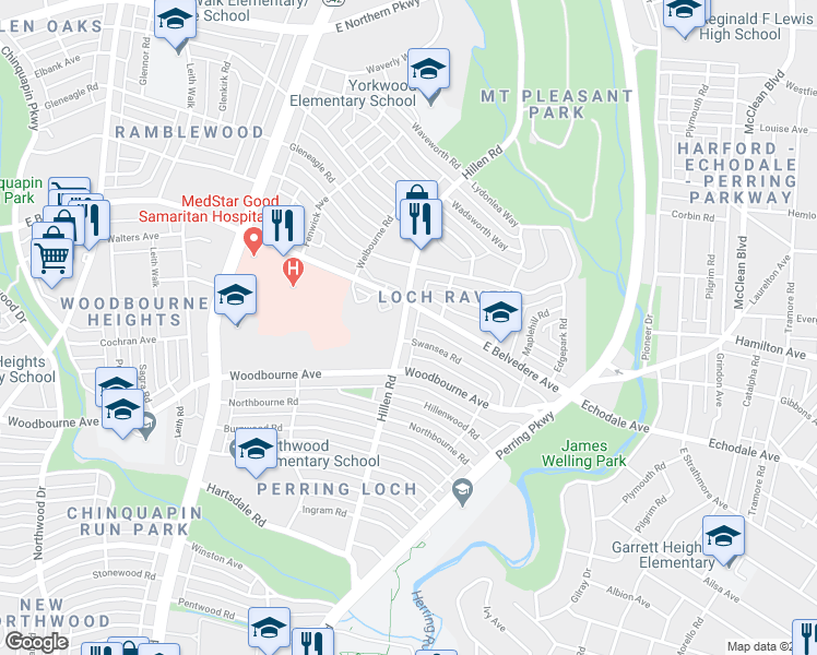 map of restaurants, bars, coffee shops, grocery stores, and more near 5511 Hillen Road in Baltimore
