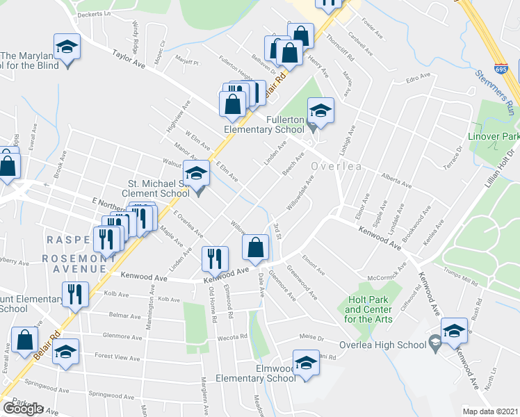 map of restaurants, bars, coffee shops, grocery stores, and more near 3RD Crest Road in Baltimore