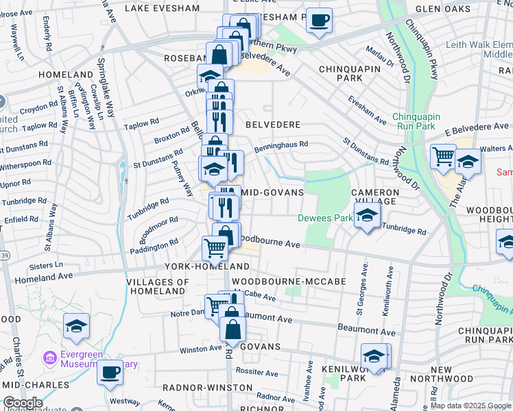 map of restaurants, bars, coffee shops, grocery stores, and more near 5511 Ready Avenue in Baltimore