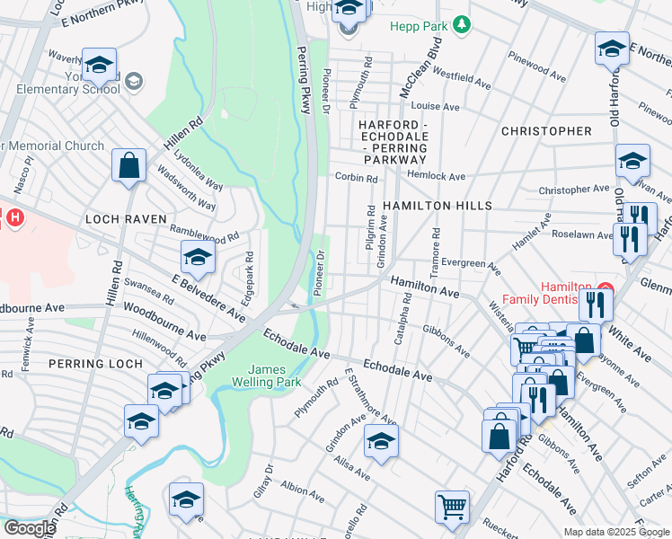 map of restaurants, bars, coffee shops, grocery stores, and more near 2106 Hamilton Avenue in Baltimore