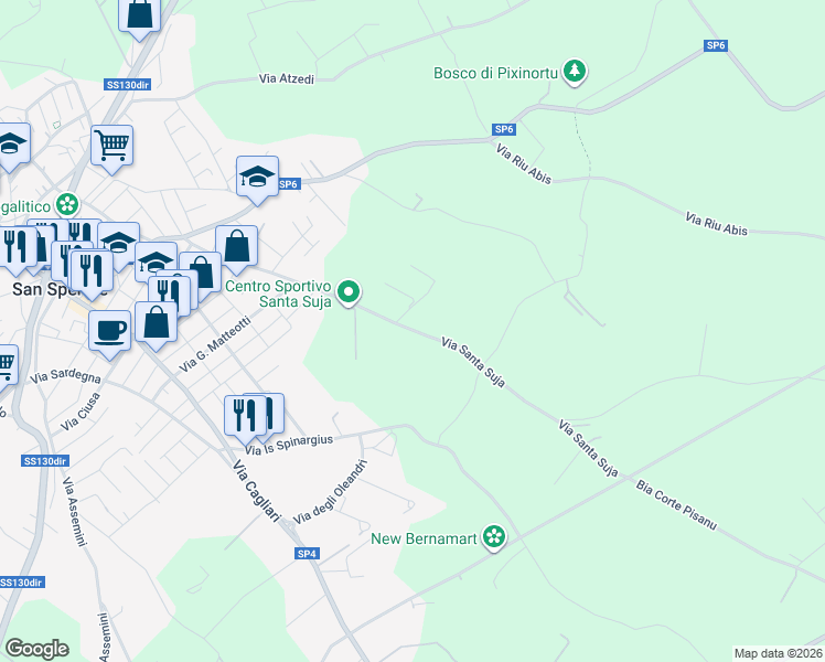 map of restaurants, bars, coffee shops, grocery stores, and more near 48 Via Santa Suja in San Sperate