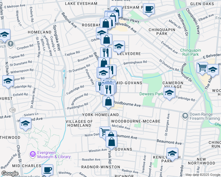 map of restaurants, bars, coffee shops, grocery stores, and more near 5511 York Road in Baltimore
