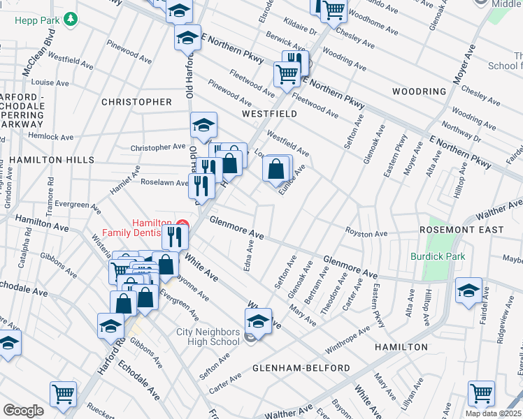 map of restaurants, bars, coffee shops, grocery stores, and more near 6011 Edna Avenue in Baltimore