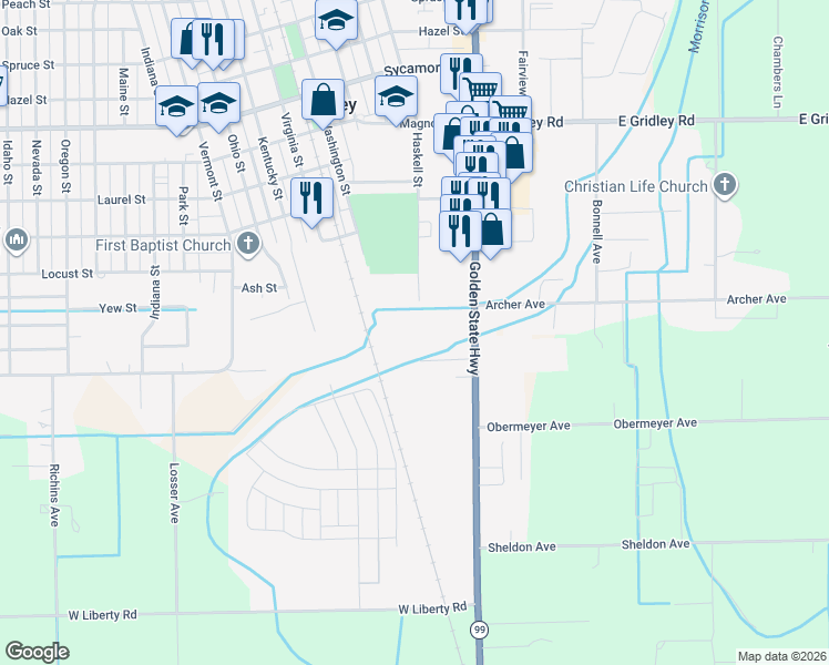 map of restaurants, bars, coffee shops, grocery stores, and more near 1425 California 99 in Gridley