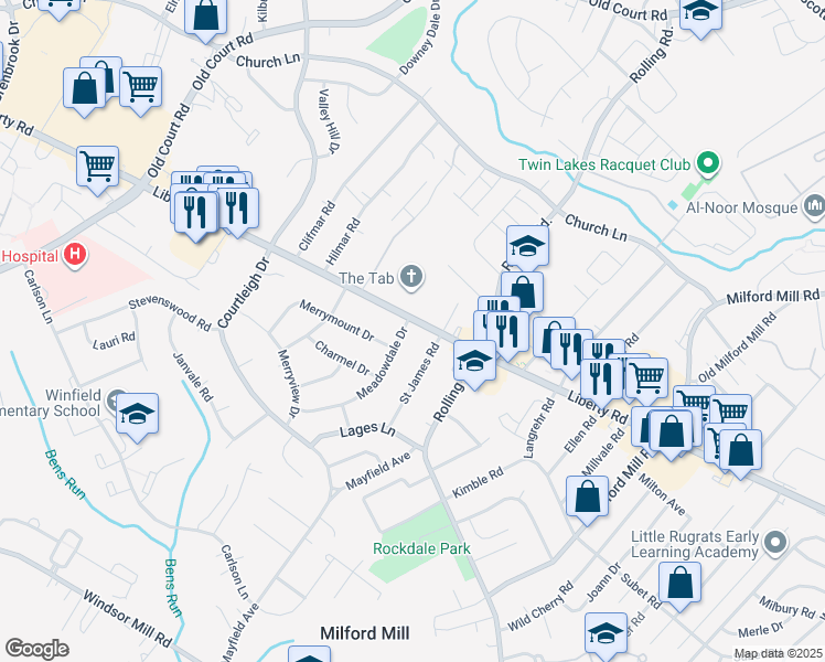 map of restaurants, bars, coffee shops, grocery stores, and more near 8319 Liberty Road in Baltimore