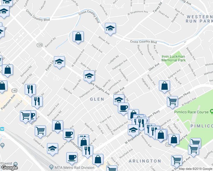 map of restaurants, bars, coffee shops, grocery stores, and more near 3517 Menlo Drive in Baltimore