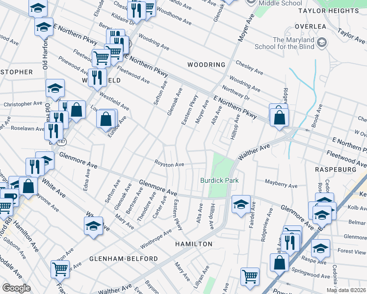 map of restaurants, bars, coffee shops, grocery stores, and more near 6302 Moyer Avenue in Baltimore