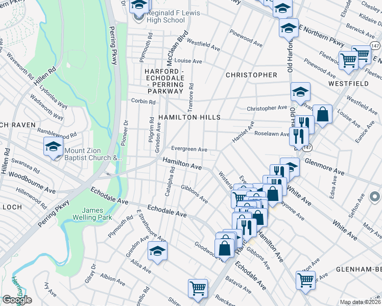 map of restaurants, bars, coffee shops, grocery stores, and more near 5505 Tramore Road in Baltimore