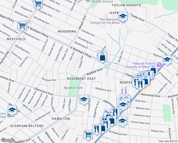 map of restaurants, bars, coffee shops, grocery stores, and more near 6530 Walther Ave in Baltimore