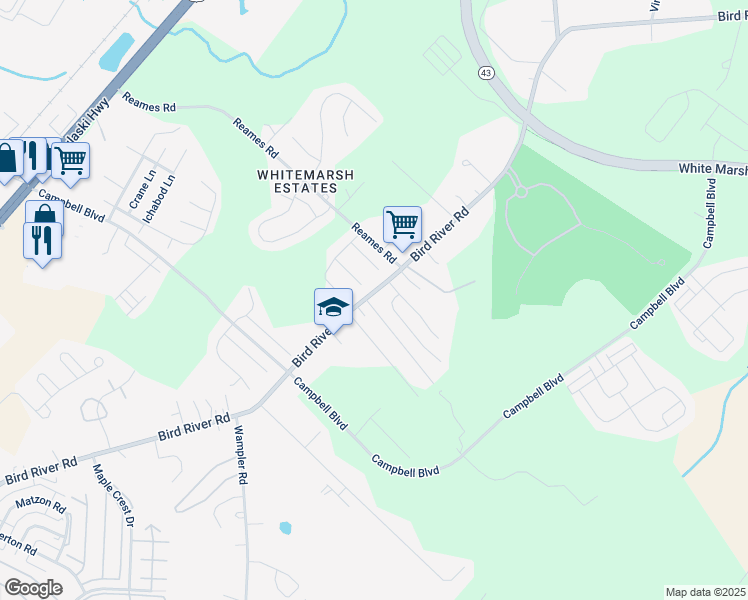 map of restaurants, bars, coffee shops, grocery stores, and more near 10015 Bird River Road in Middle River