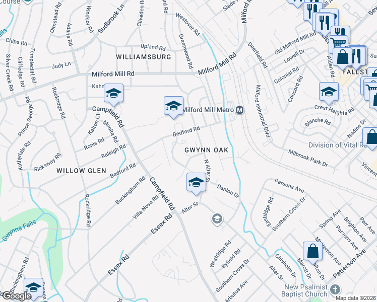map of restaurants, bars, coffee shops, grocery stores, and more near 9 North Star Court in Pikesville
