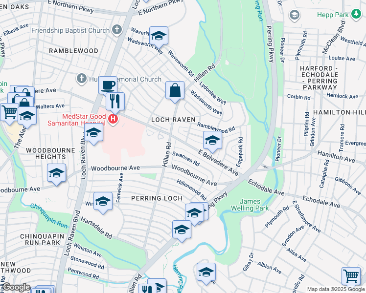map of restaurants, bars, coffee shops, grocery stores, and more near 1801 E Belvedere Ave in Baltimore