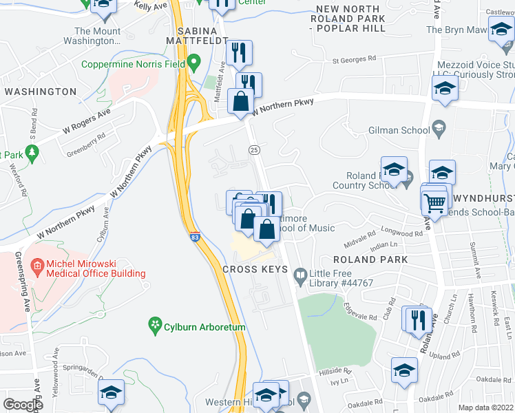 map of restaurants, bars, coffee shops, grocery stores, and more near 2 Roland Green in Baltimore