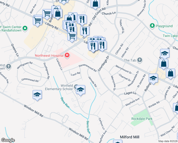 map of restaurants, bars, coffee shops, grocery stores, and more near 3423 Janvale Road in Milford Mill