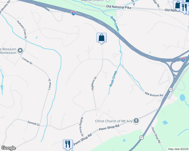 map of restaurants, bars, coffee shops, grocery stores, and more near 4420 Highboro Drive in Mount Airy