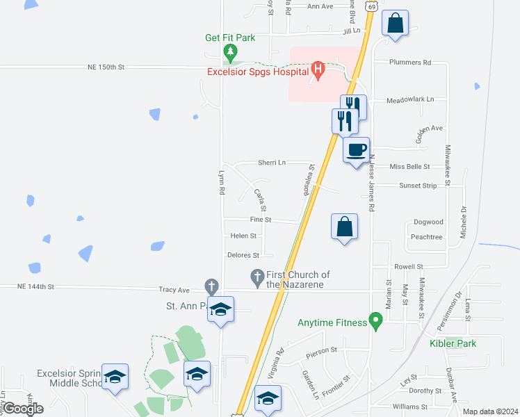map of restaurants, bars, coffee shops, grocery stores, and more near 204 Carla Street in Excelsior Springs