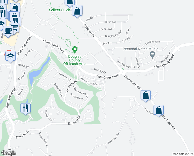 map of restaurants, bars, coffee shops, grocery stores, and more near 1477 Turnberry Court in Castle Rock